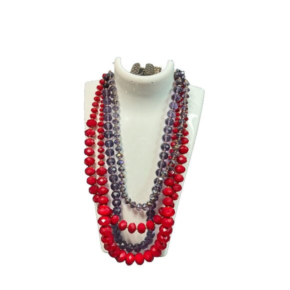 Unsigned Jewelry - Vintage Red Purple Czech Glass Beaded Sterling Silver Necklace and Bracelet